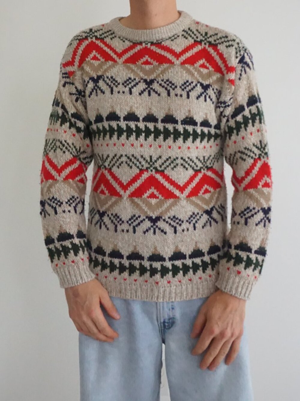 VTG Secret Ingredient Beige Red Navy Fair Isle Nordic Holiday Knit Sweater L